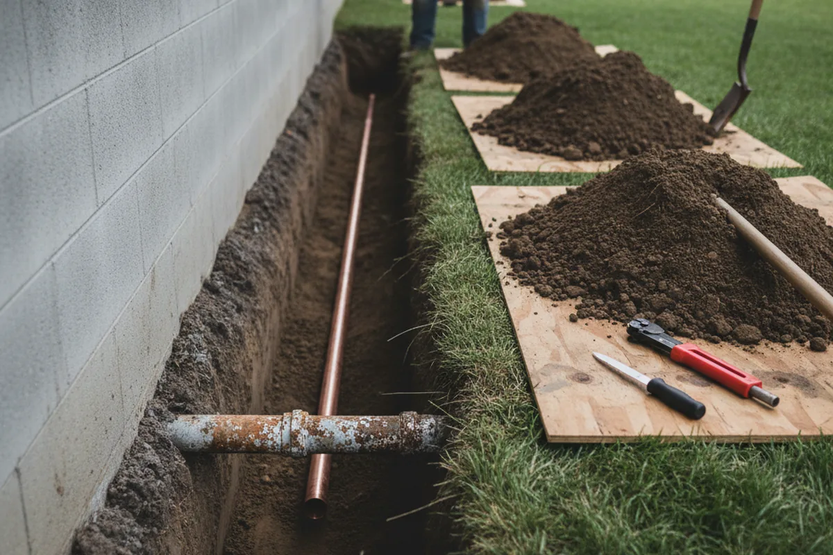 Excavated water line trench during Water Heater Repair in Osyka